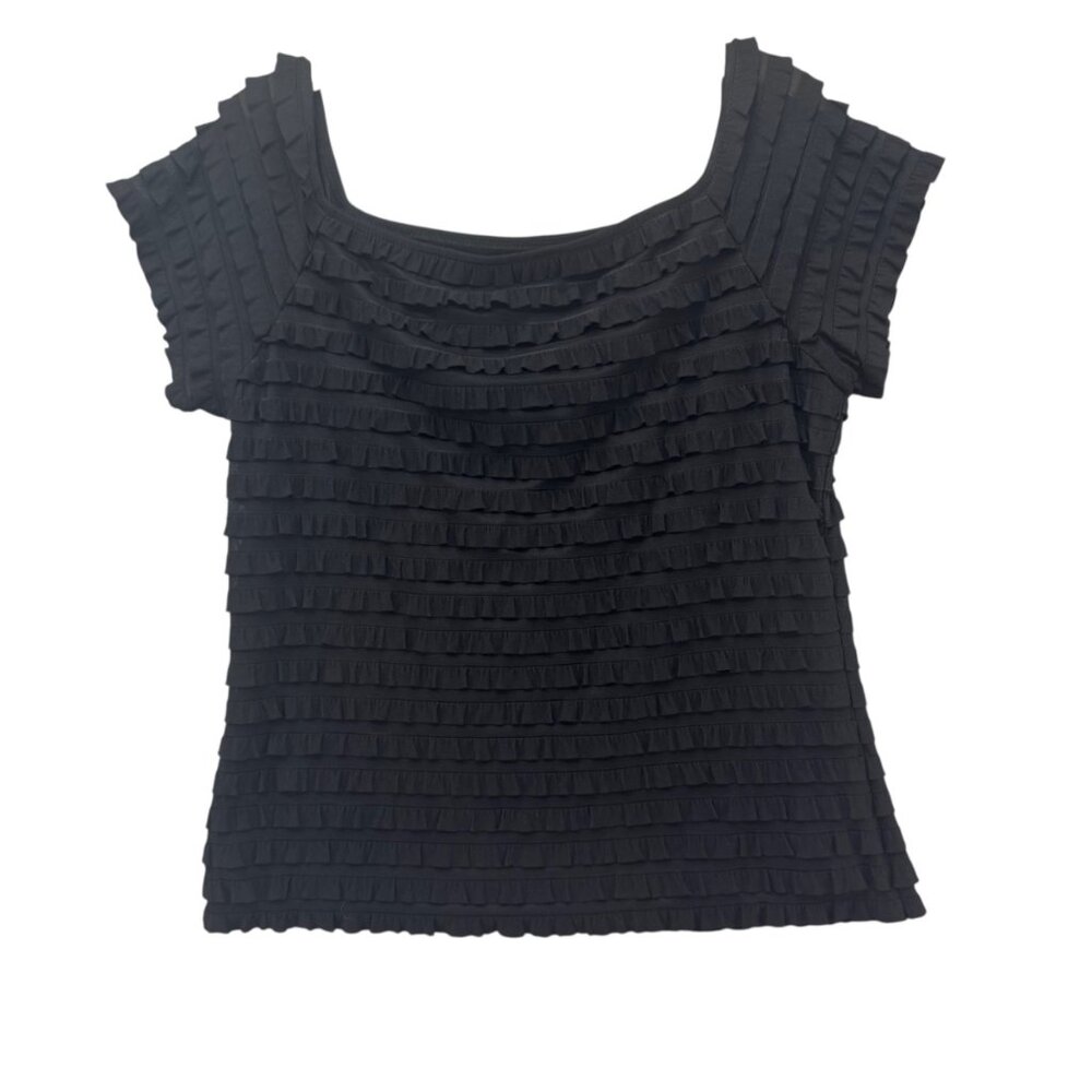 Frank Lyman Design Top Womens Black Tiered Ruffle Short Sleeve Square Neck Sz 14